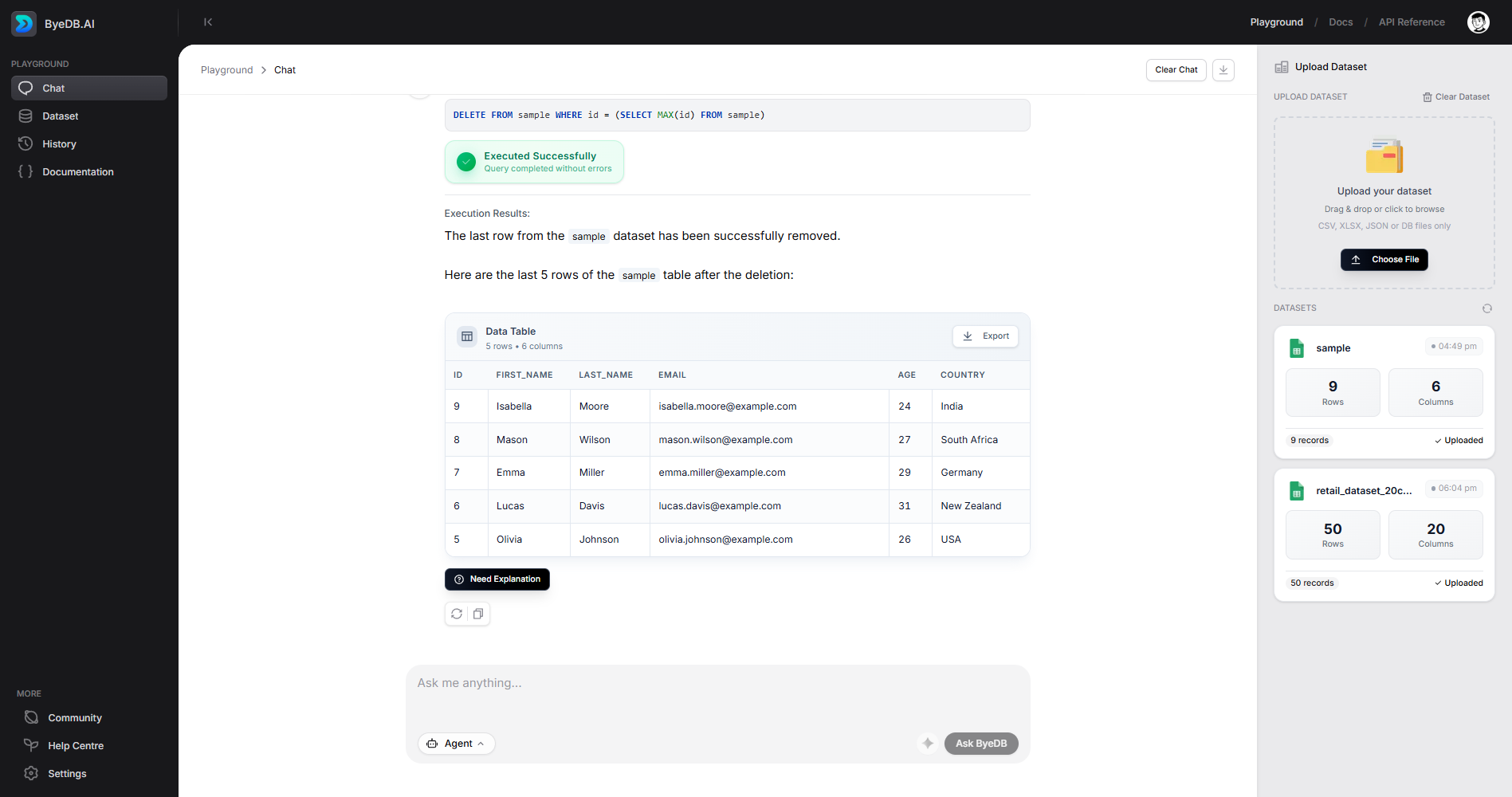 ByeDB Chat Interface